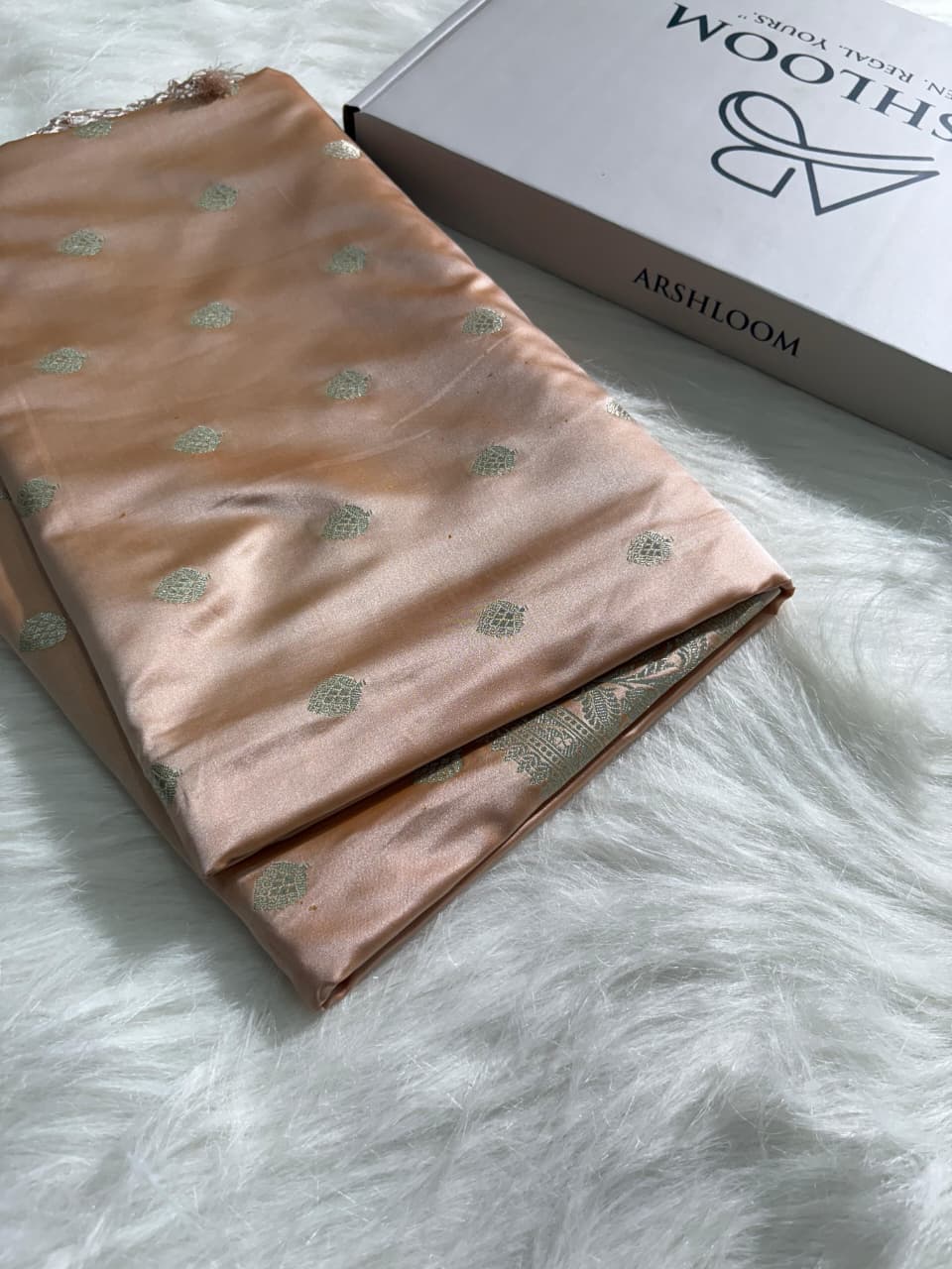 Caramel Beige Booti Satin Katan Silk Saree