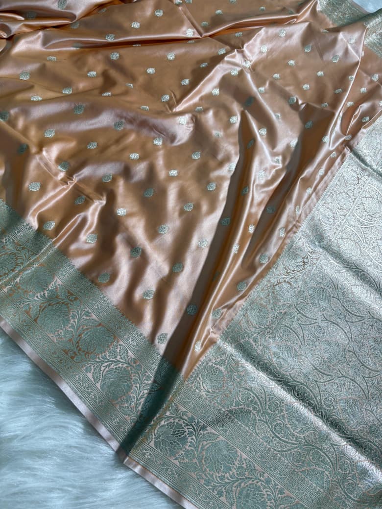 Caramel Beige Booti Satin Katan Silk Saree