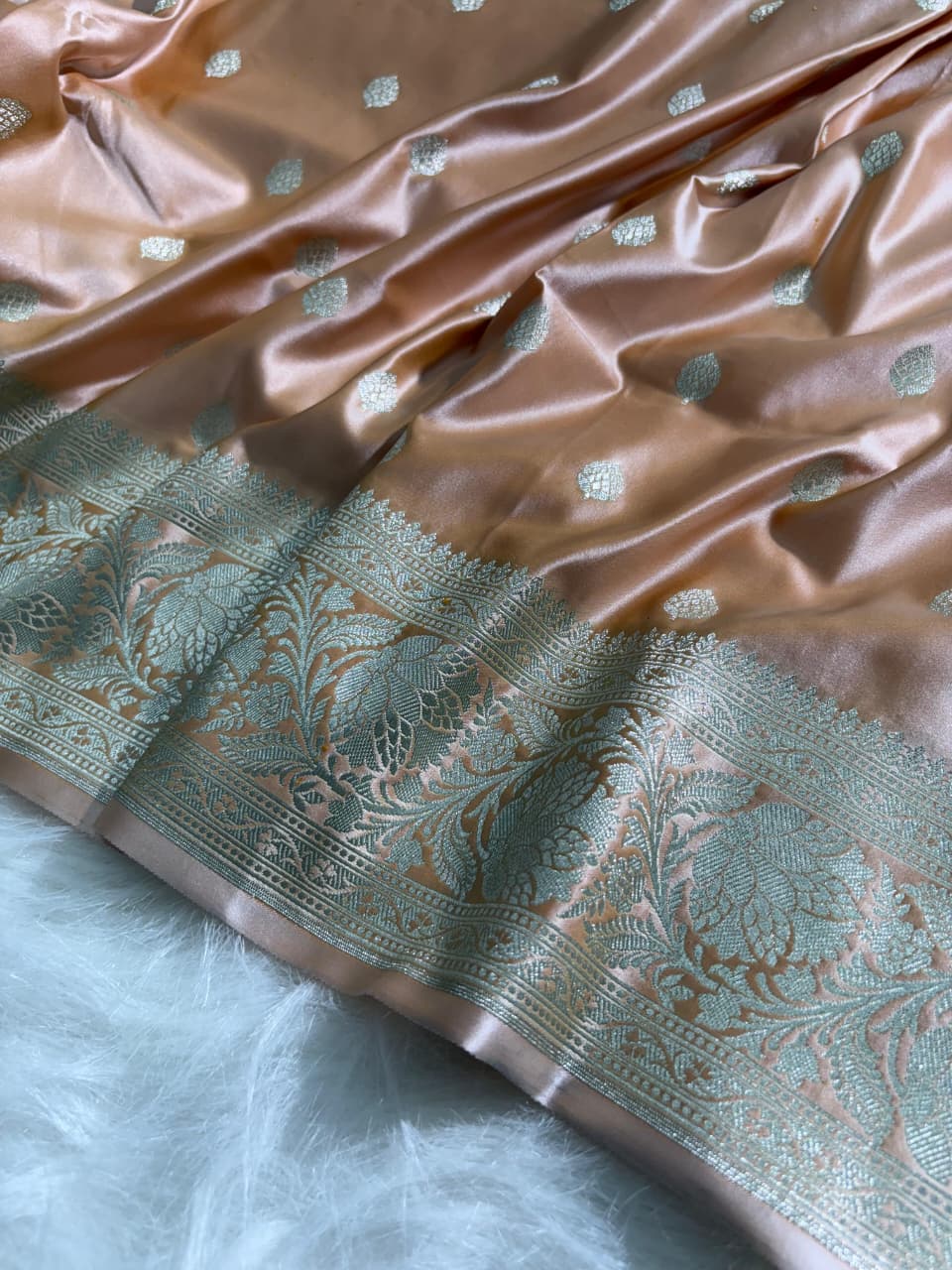 Caramel Beige Booti Satin Katan Silk Saree