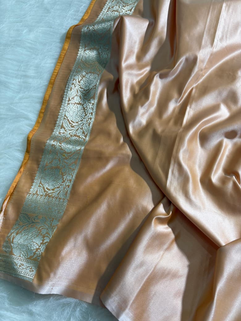 Caramel Beige Booti Satin Katan Silk Saree