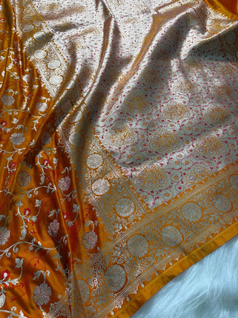 Tangerine Orange Minakari Floral Pattern Mashru Silk Saree
