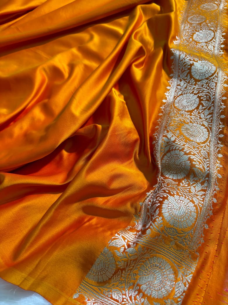 Tangerine Orange Minakari Floral Pattern Mashru Silk Saree
