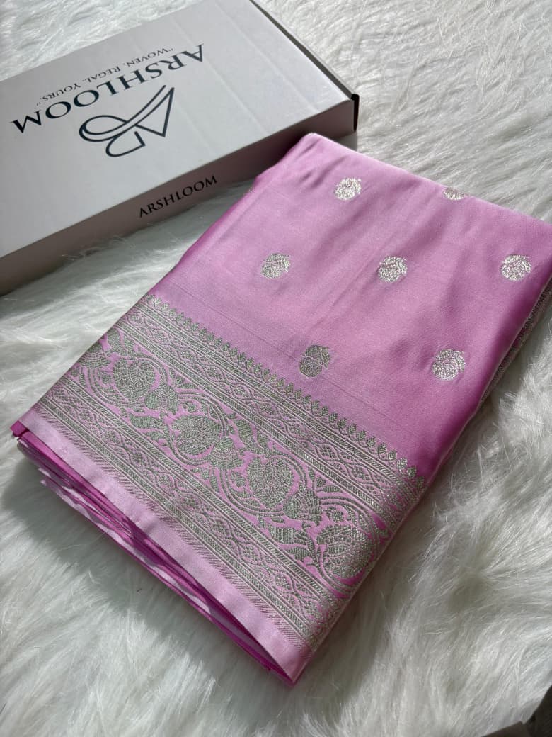 Baby Pink Floral Booti Satin Silk Saree