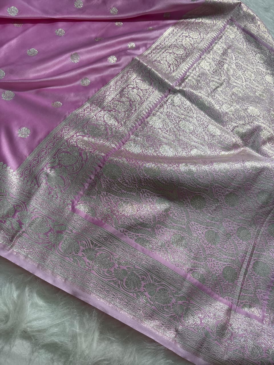 Baby Pink Floral Booti Satin Silk Saree