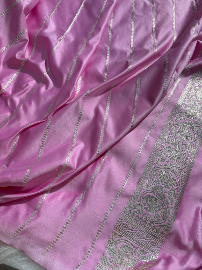 Baby Pink Floral Booti Satin Silk Saree