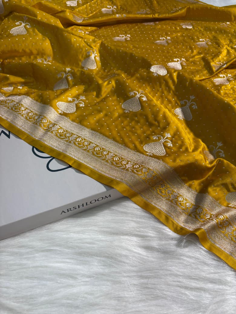 Banarasi Boota Pattern Mashru Silk Saree in Mustard Yellow Shade
