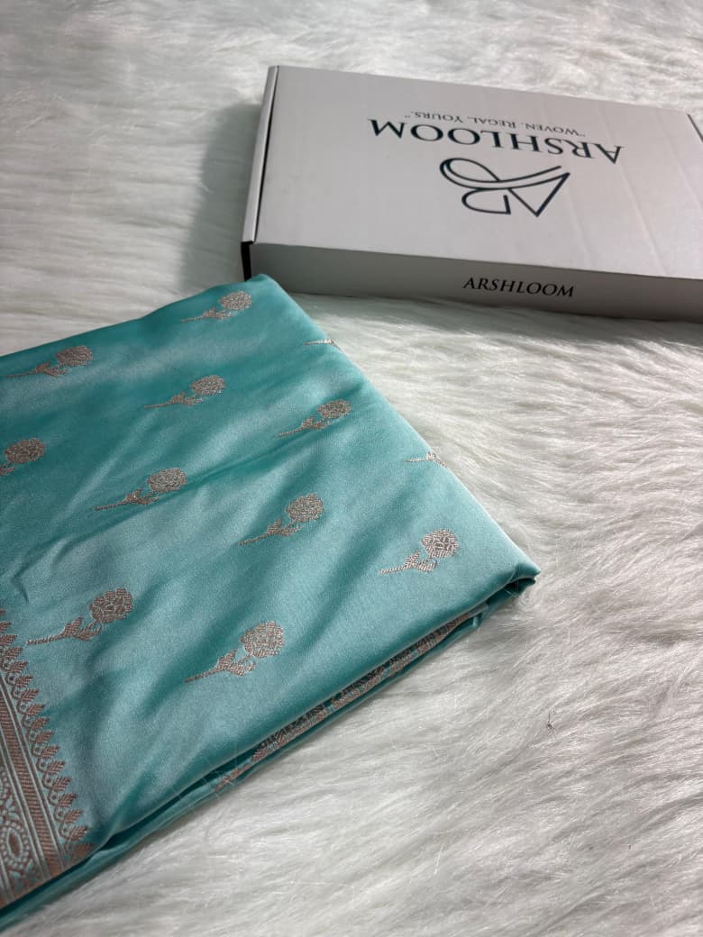 Sea Green Banarasi Floral Boota Mashru Silk Saree