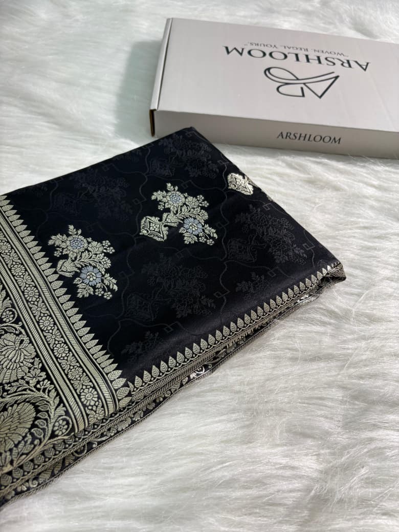 Black Banarasi Floral Boota Mashru Silk Saree