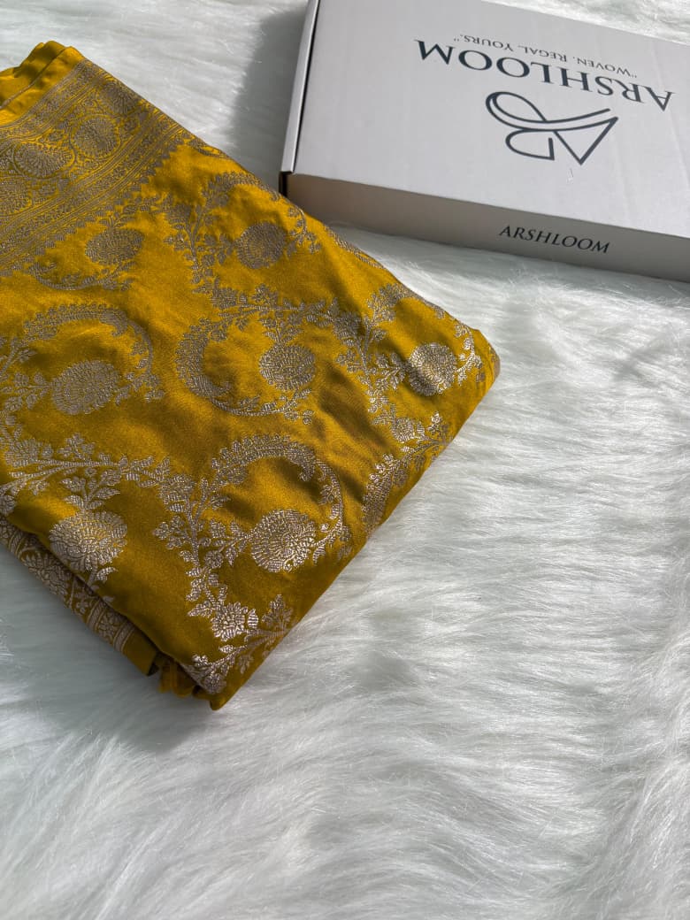 Mustard Floral Jaal Pattern Mashru Silk Saree