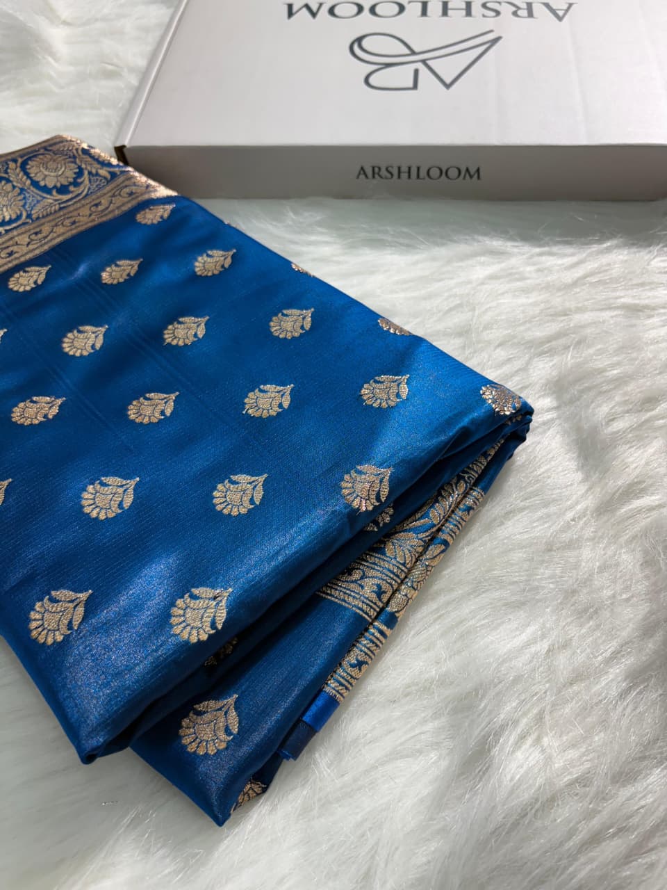 Royal Blue Floral Booti Satin Silk Saree