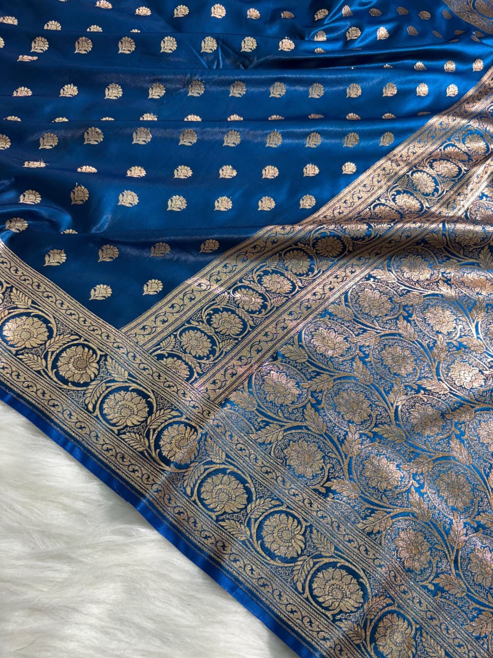 Royal Blue Floral Booti Satin Silk Saree