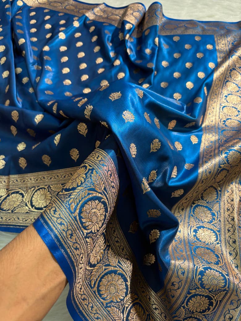 Royal Blue Floral Booti Satin Silk Saree