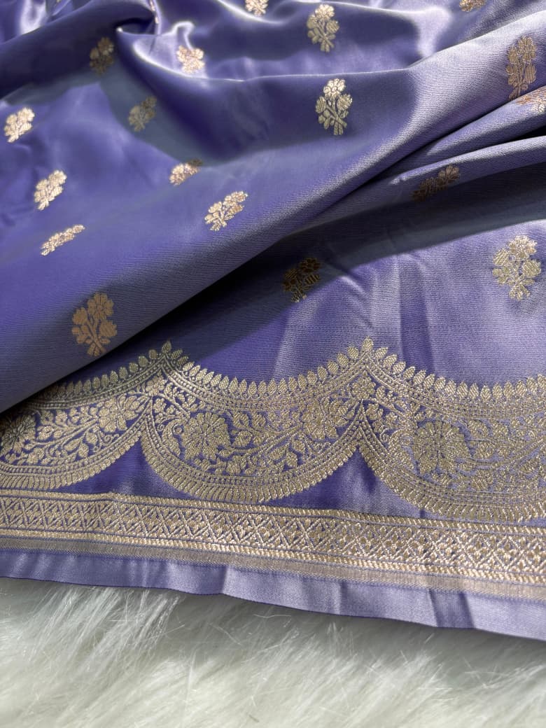 Lavender Floral Boota Scallop Border Mashru Silk Saree