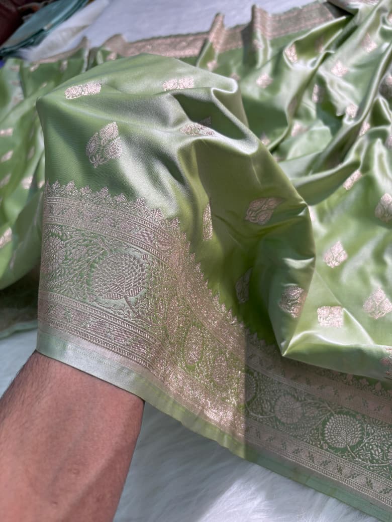 Pastel Olive Green Boota Mashru Silk Saree