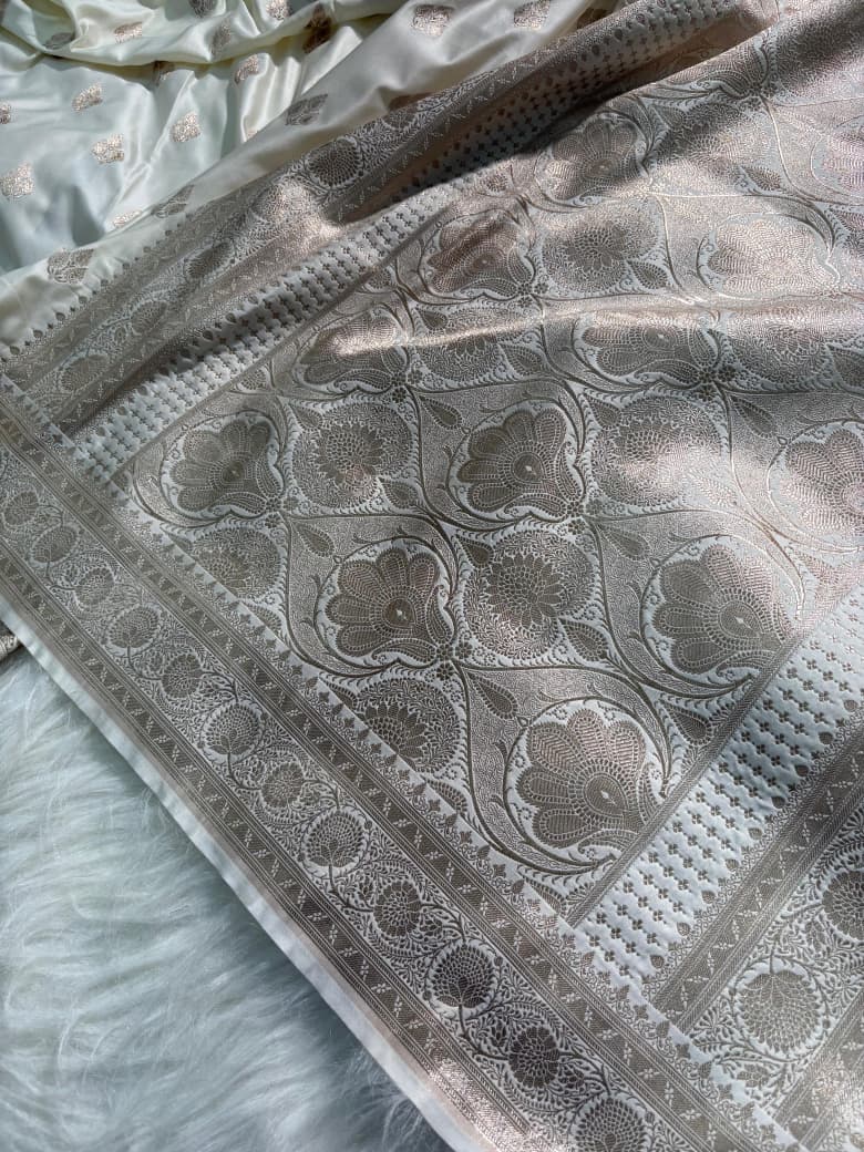 Ivory Cream Boota Pattern Satin Katan Silk Saree