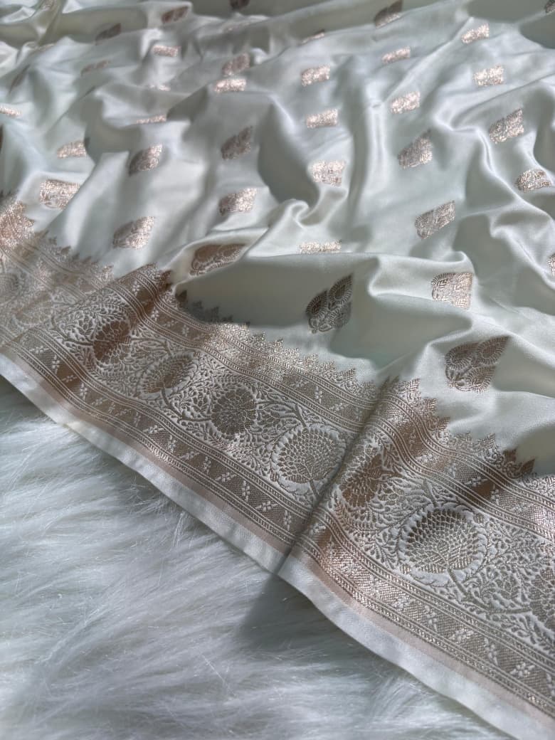 Ivory Cream Boota Pattern Satin Katan Silk Saree