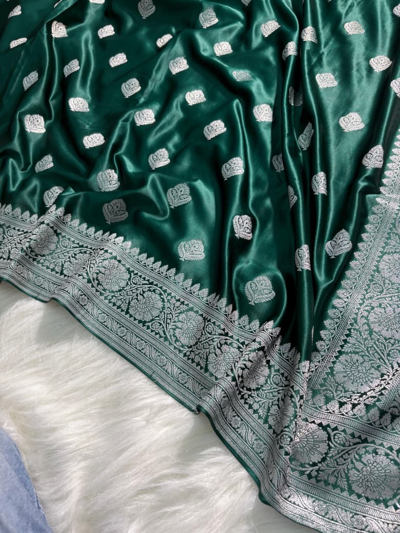 Banarasi Boota Pattern Satin Katan Silk Saree in Bottle Green Shade