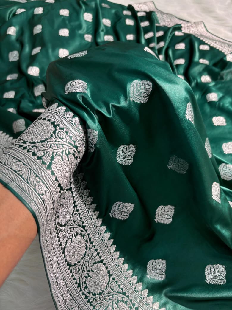 Banarasi Boota Pattern Satin Katan Silk Saree in Bottle Green Shade