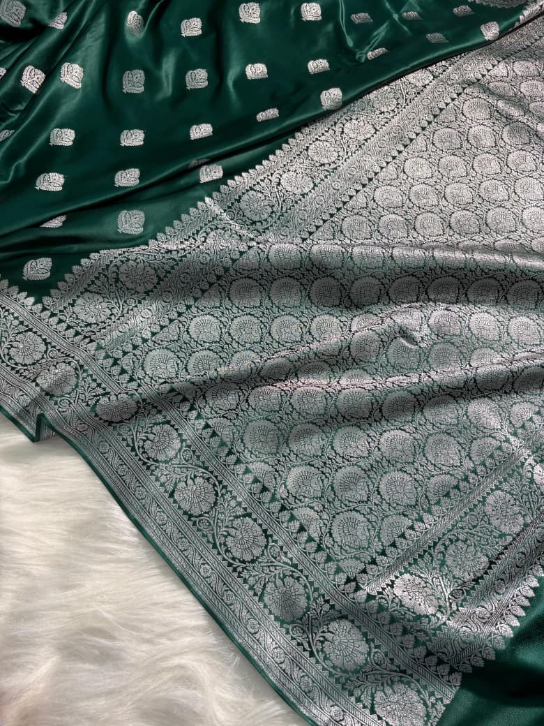 Banarasi Boota Pattern Satin Katan Silk Saree in Bottle Green Shade