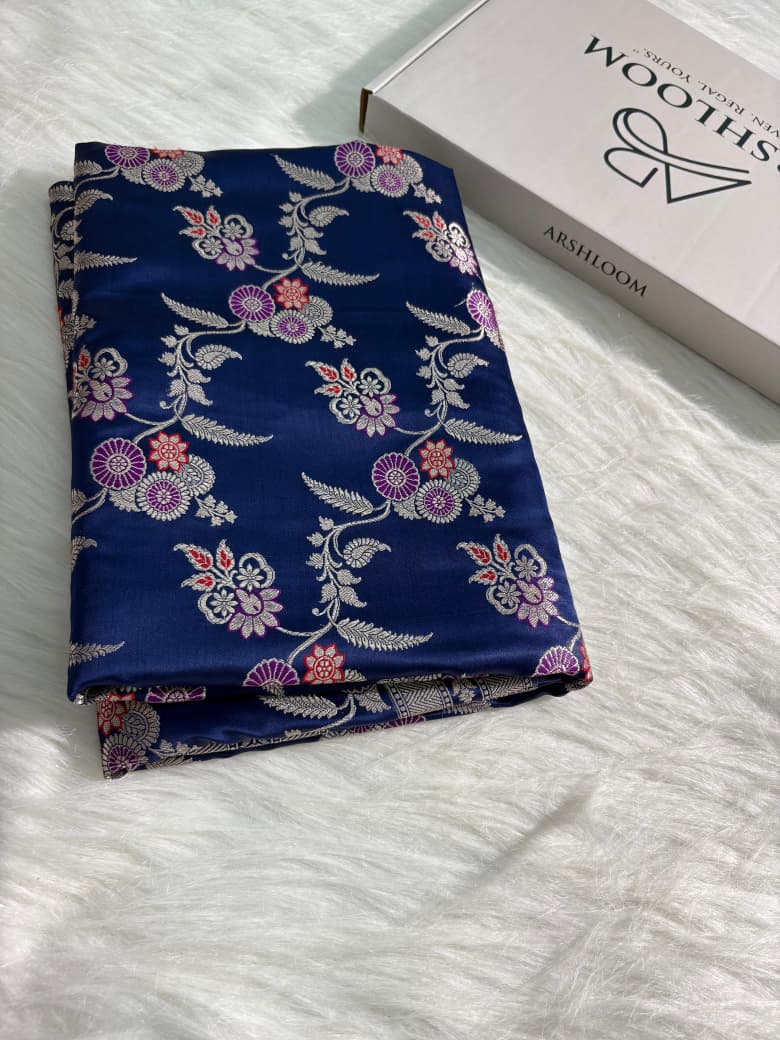 Indigo Blue Floral Jaal Minakari Mashru Silk Saree