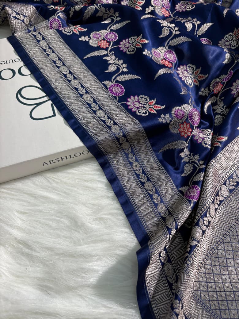 Indigo Blue Floral Jaal Minakari Mashru Silk Saree