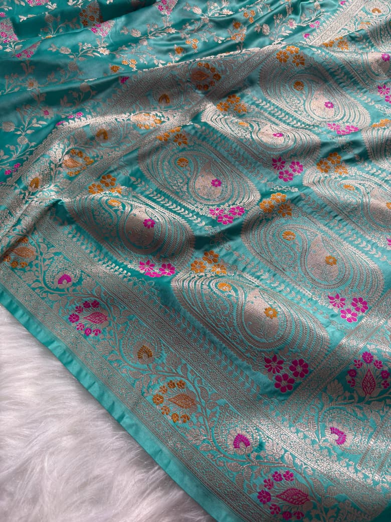 Sea Green Minakari Floral Mashru Silk Saree