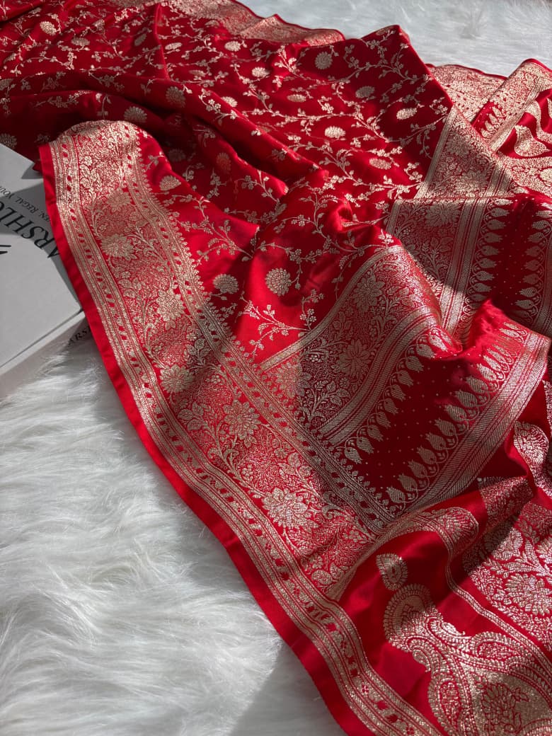 Red Floral Jaal Pattern Satin Silk Banarasi Saree
