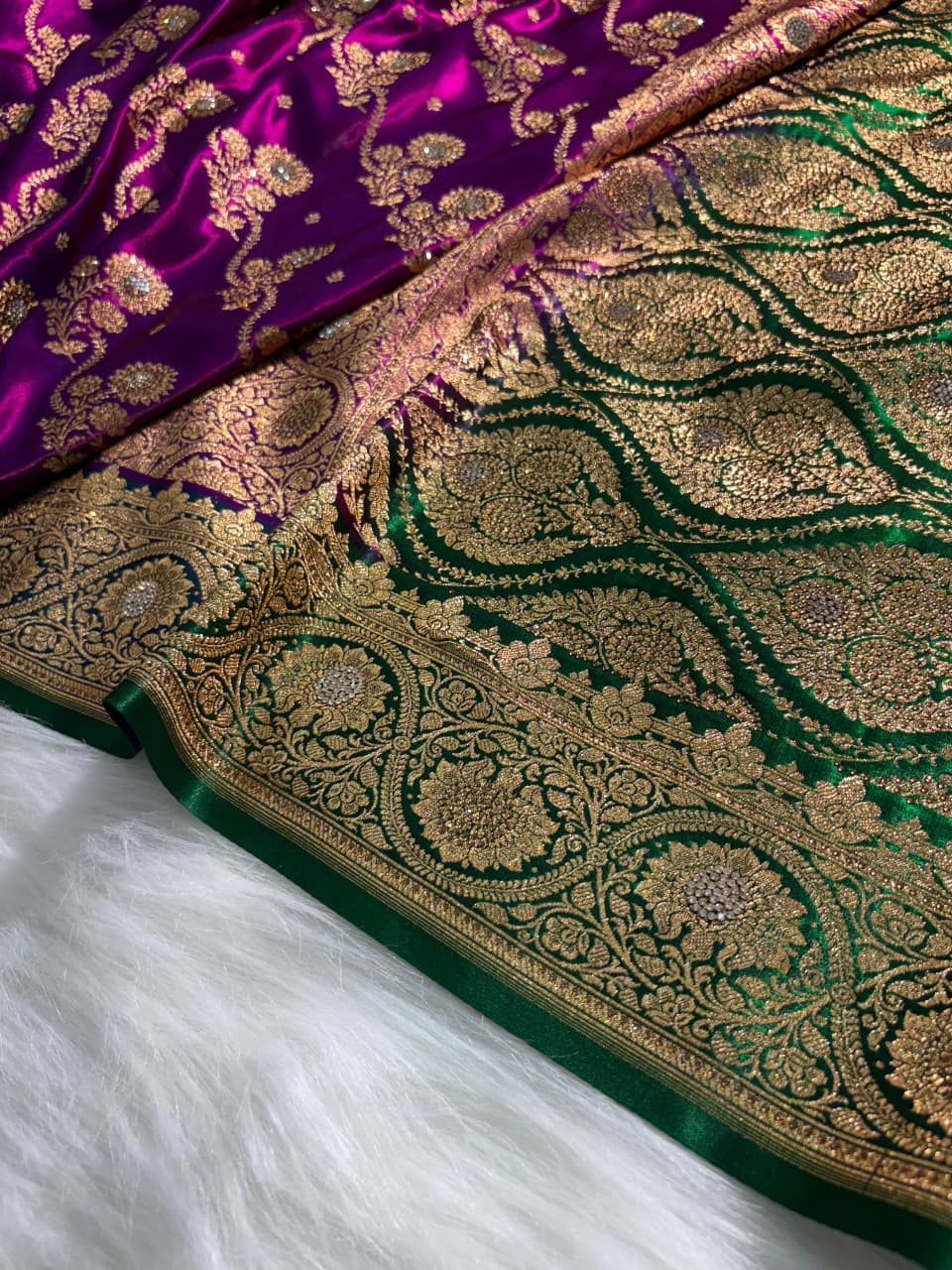 Bridal Contrast Pattern Banarasi Cross with Booti and Swarovski Work Satin Silk Saree