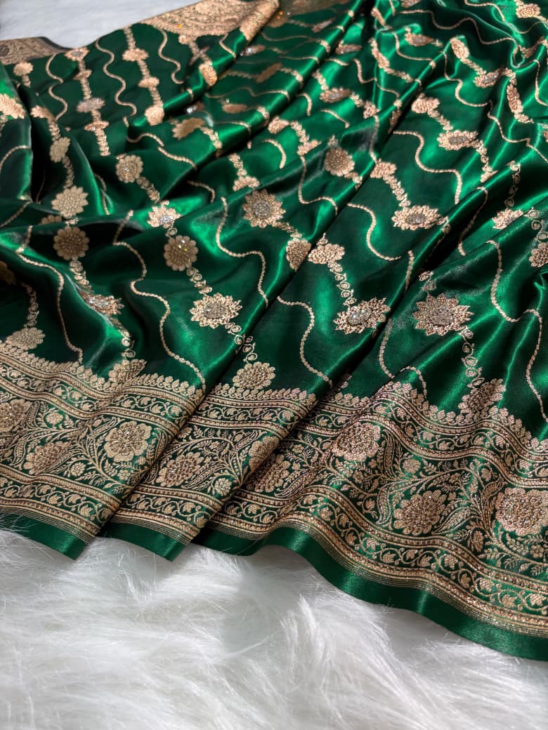 Bottle Green Satin Silk Cross Floral with Swavroski Work