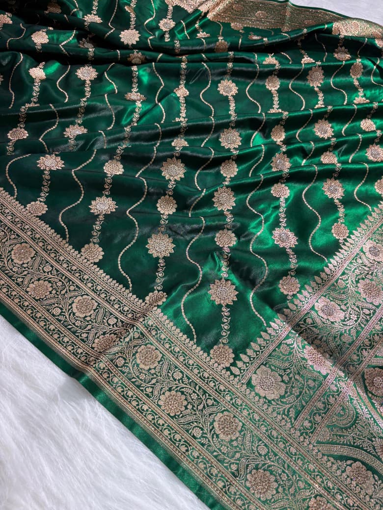 Bottle Green Satin Silk Cross Floral with Swavroski Work