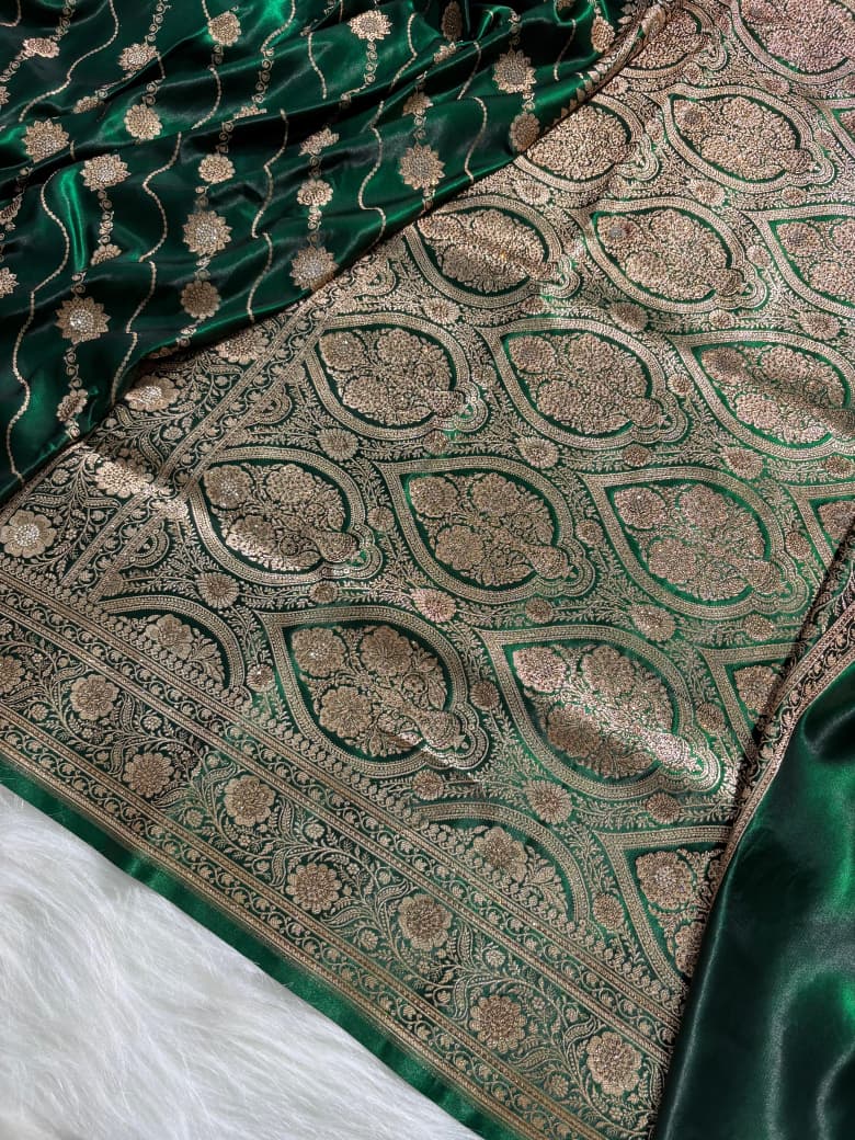 Bottle Green Satin Silk Cross Floral with Swavroski Work