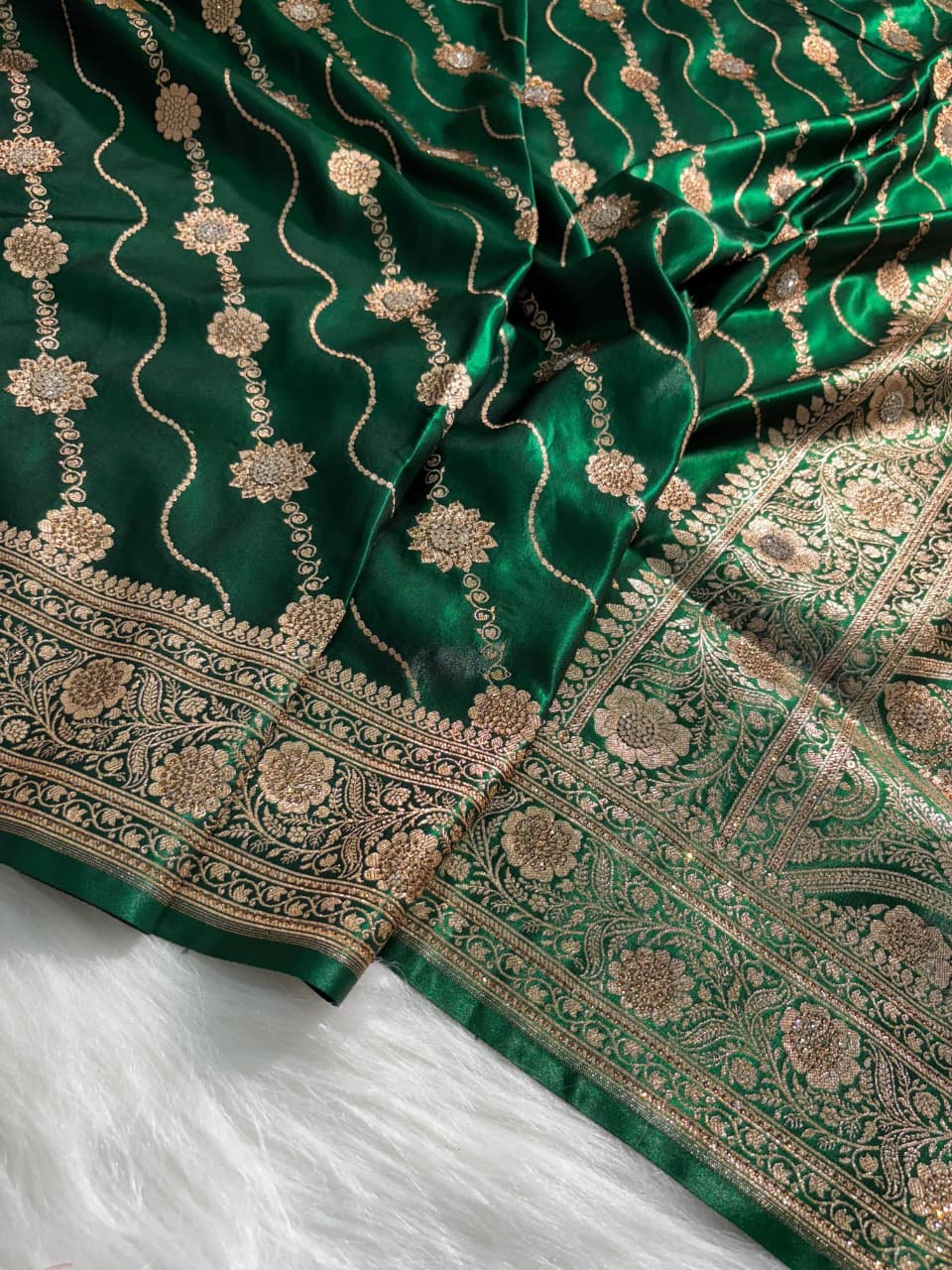 Bottle Green Satin Silk Cross Floral with Swavroski Work