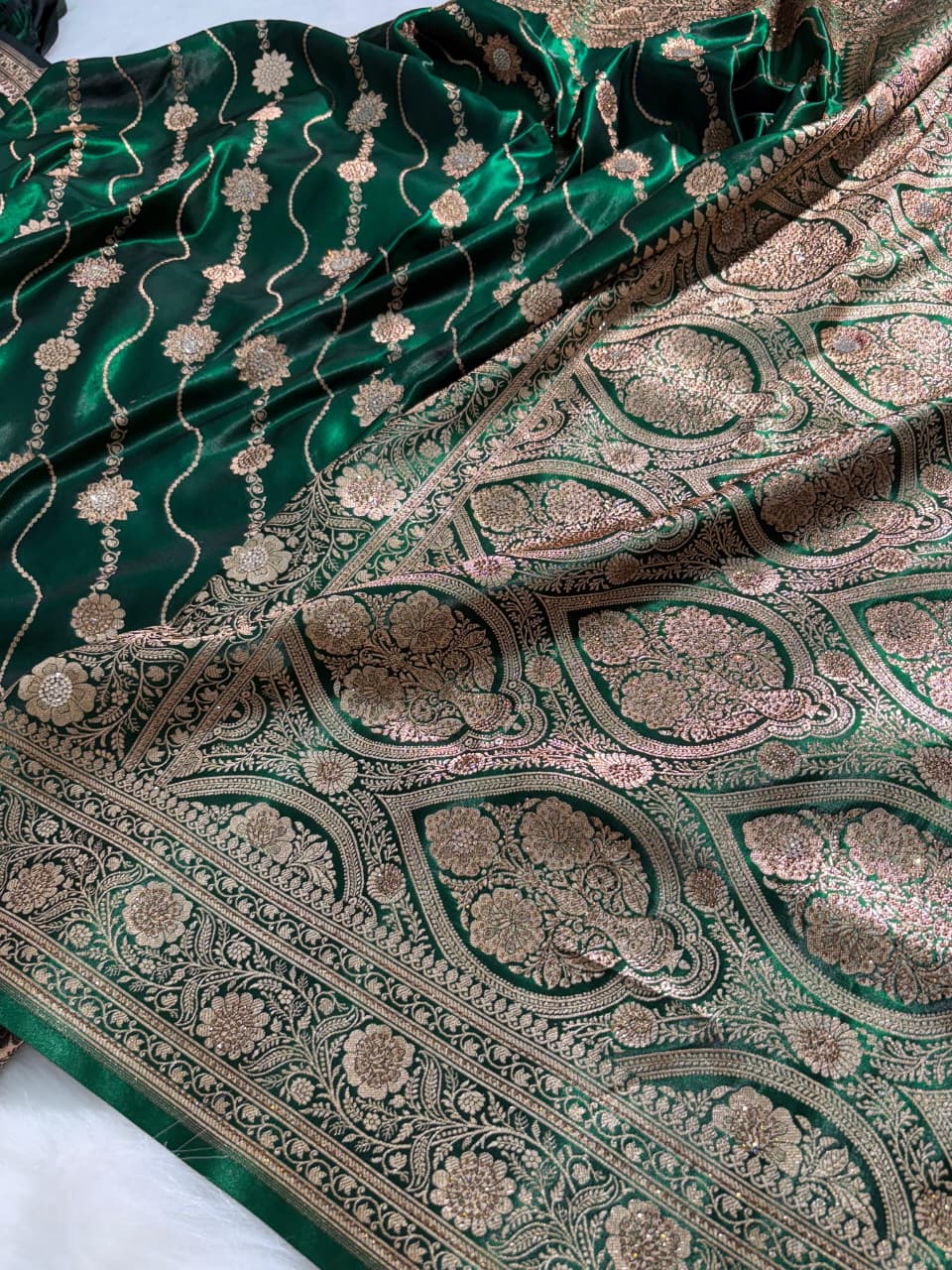 Bottle Green Satin Silk Cross Floral with Swavroski Work