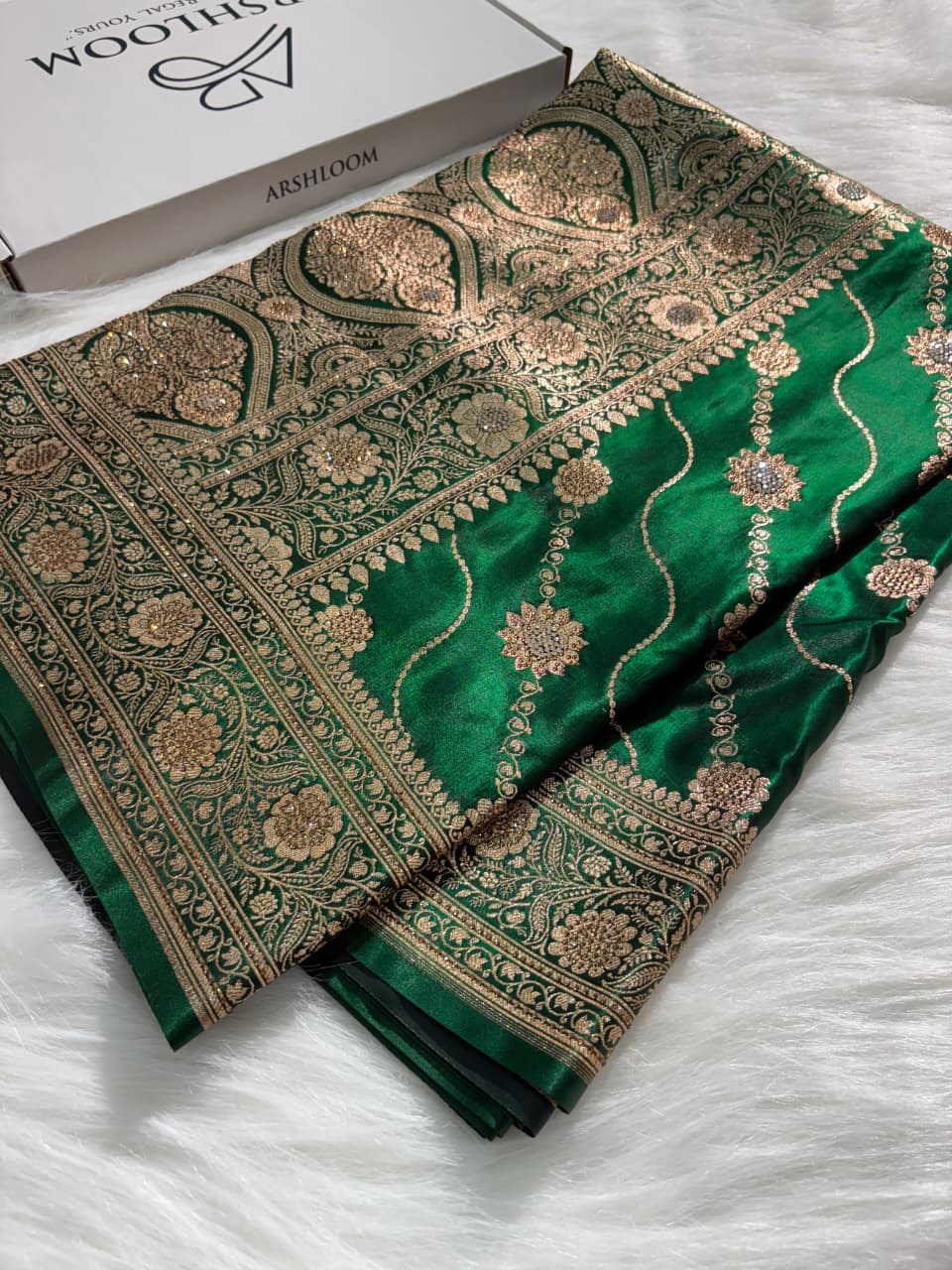 Bottle Green Satin Silk Cross Floral with Swavroski Work