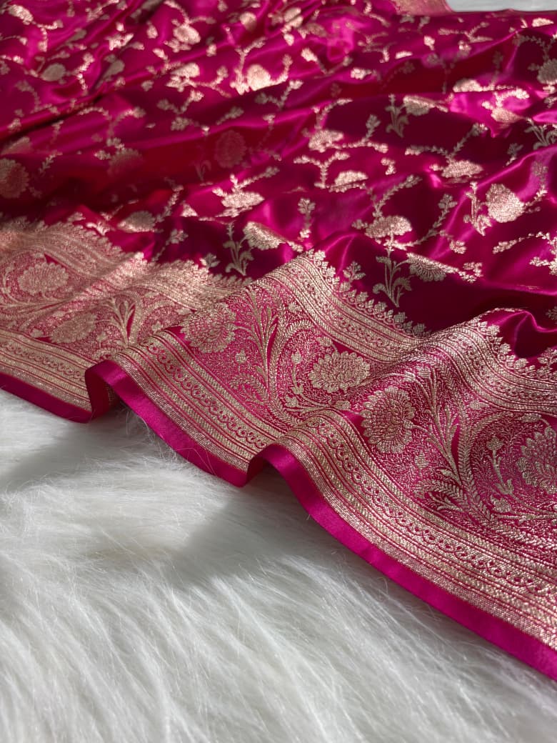 Rani Pink Floral Jaal Pattern Satin Katan Silk Saree