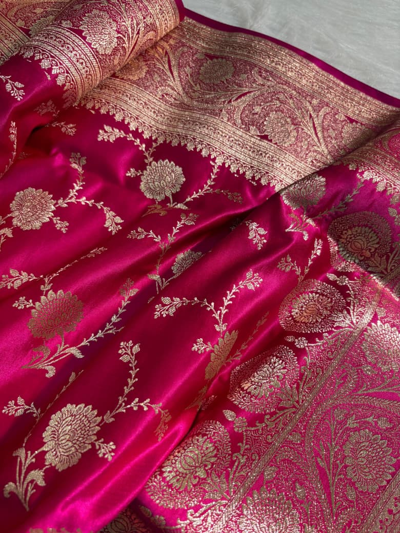 Rani Pink Floral Jaal Pattern Satin Katan Silk Saree