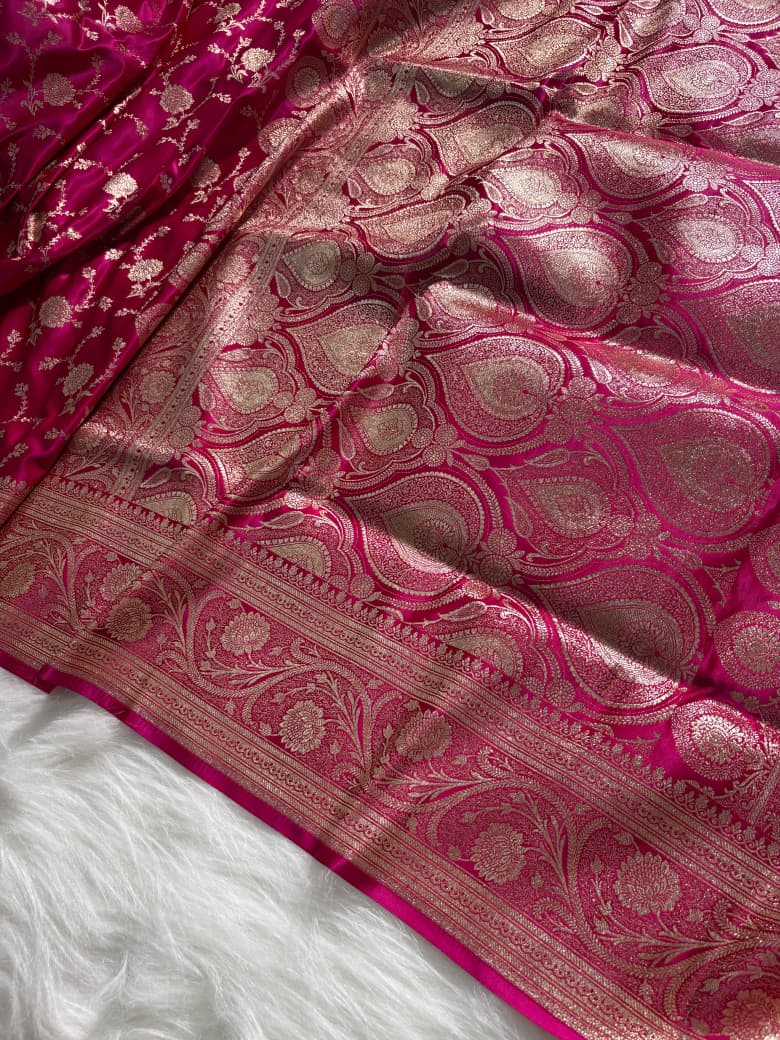 Rani Pink Floral Jaal Pattern Satin Katan Silk Saree