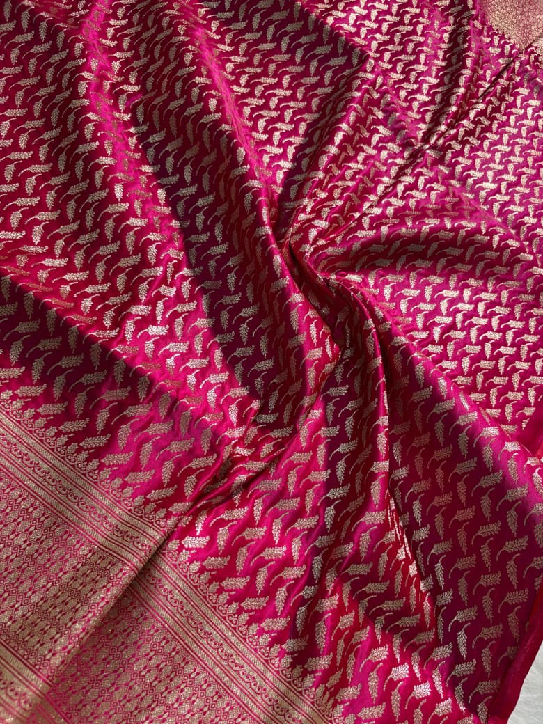 Rani Pink Floral Jaal Pattern Satin Katan Silk Saree