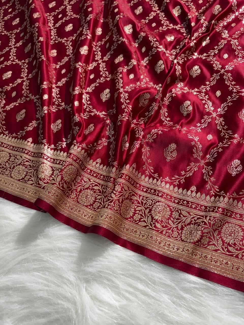 Satin Katan Silk Floral Jaal Saree in Maroon Shade