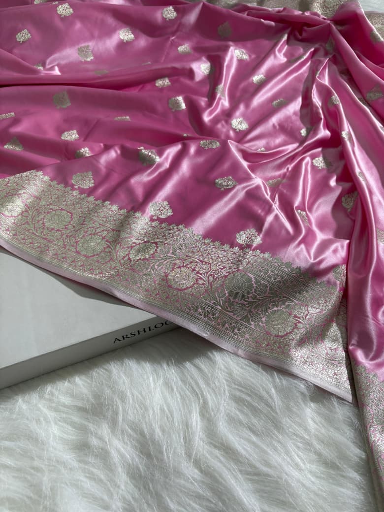 Baby Pink Shades Boota Satin Katan Silk Saree