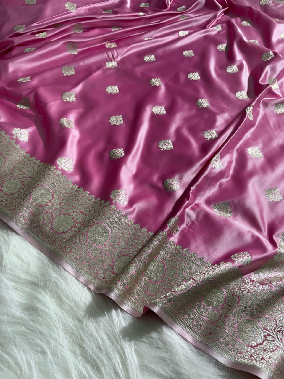 Baby Pink Shades Boota Satin Katan Silk Saree
