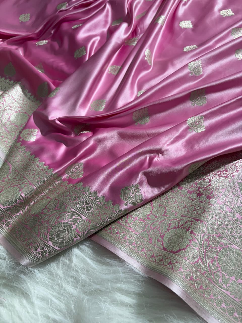 Baby Pink Shades Boota Satin Katan Silk Saree