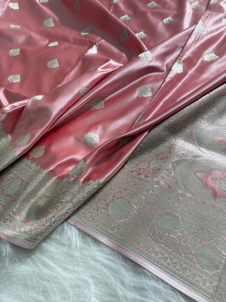 Rose Gold Shades Boota Satin Katan Silk Saree