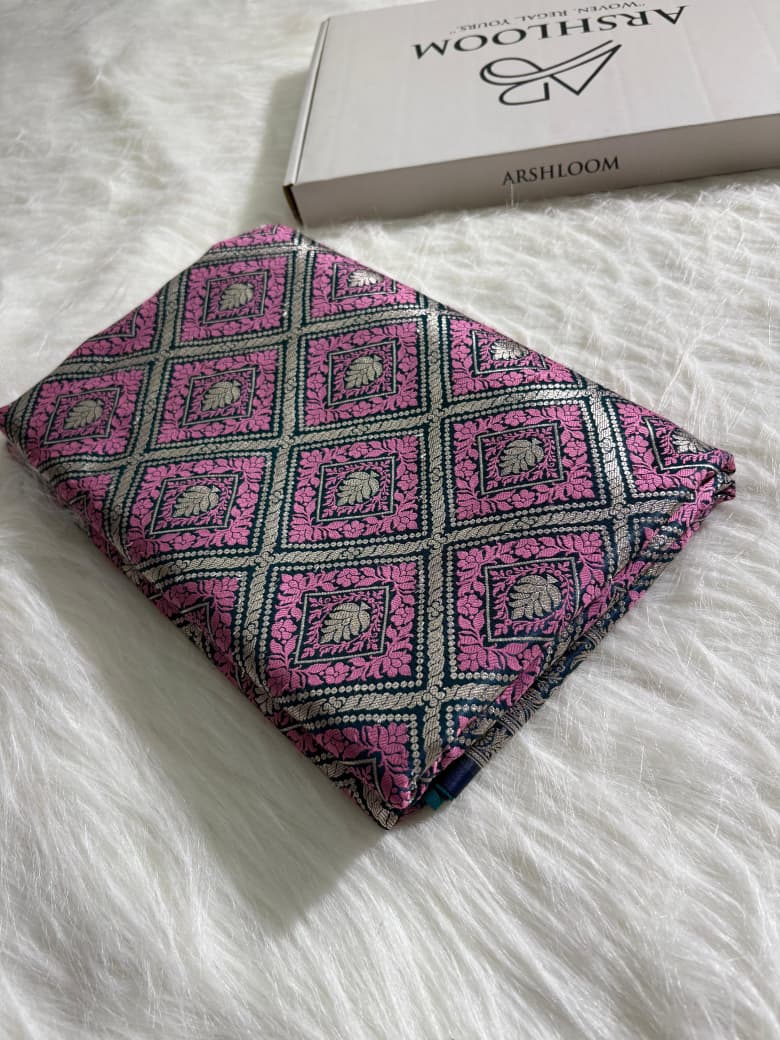 Purple - Navy Blue Shades Mashru Silk in Geometric Jaal Motifs