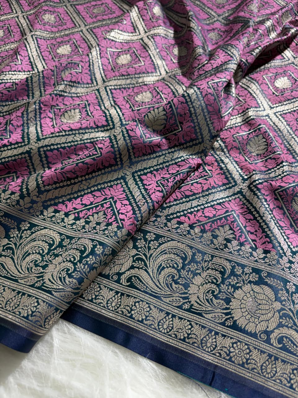 Purple - Navy Blue Shades Mashru Silk in Geometric Jaal Motifs