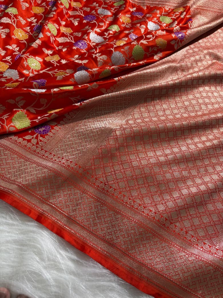 Vermilion Orange Minakari Floral Jaal Mashru Silk Saree