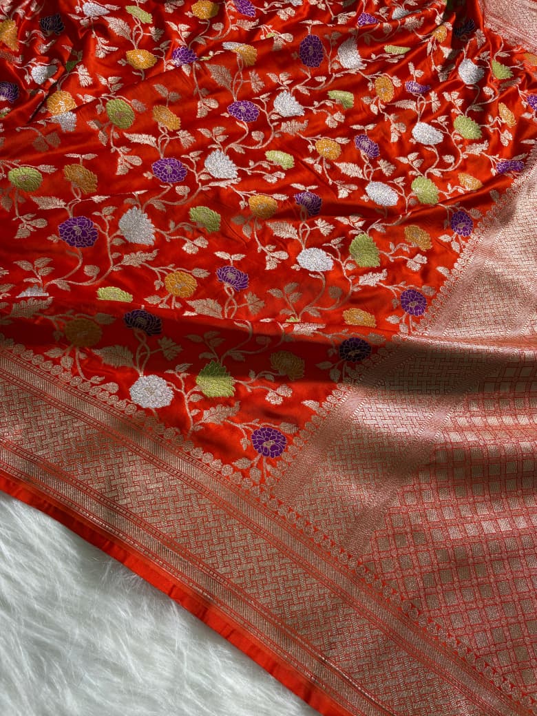 Vermilion Orange Minakari Floral Jaal Mashru Silk Saree
