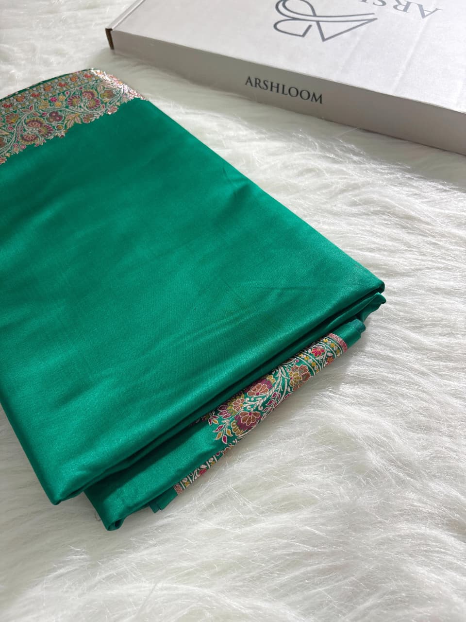 Emerald Green Plain Satin Katan with Meenakari border pallu SKM-02