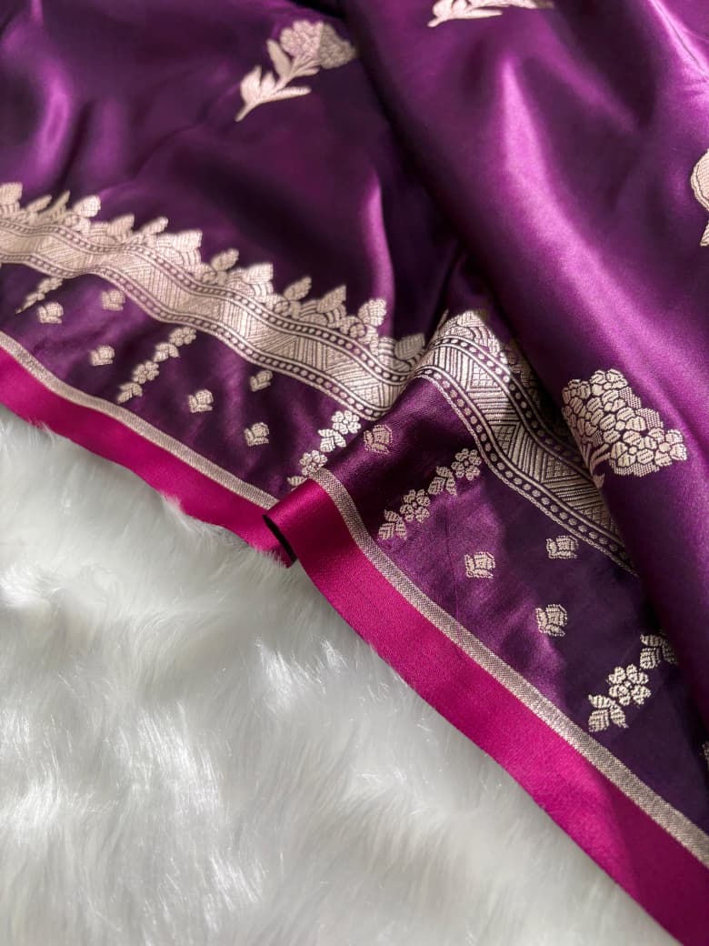 Premium Wine Banarasi Floral Motifs Katan Silk Saree SKM17