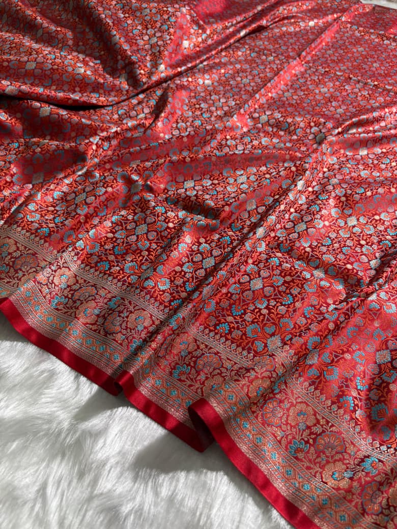 Crimson Red Jamawar Tanchoi Katan Silk Saree SKTM-14